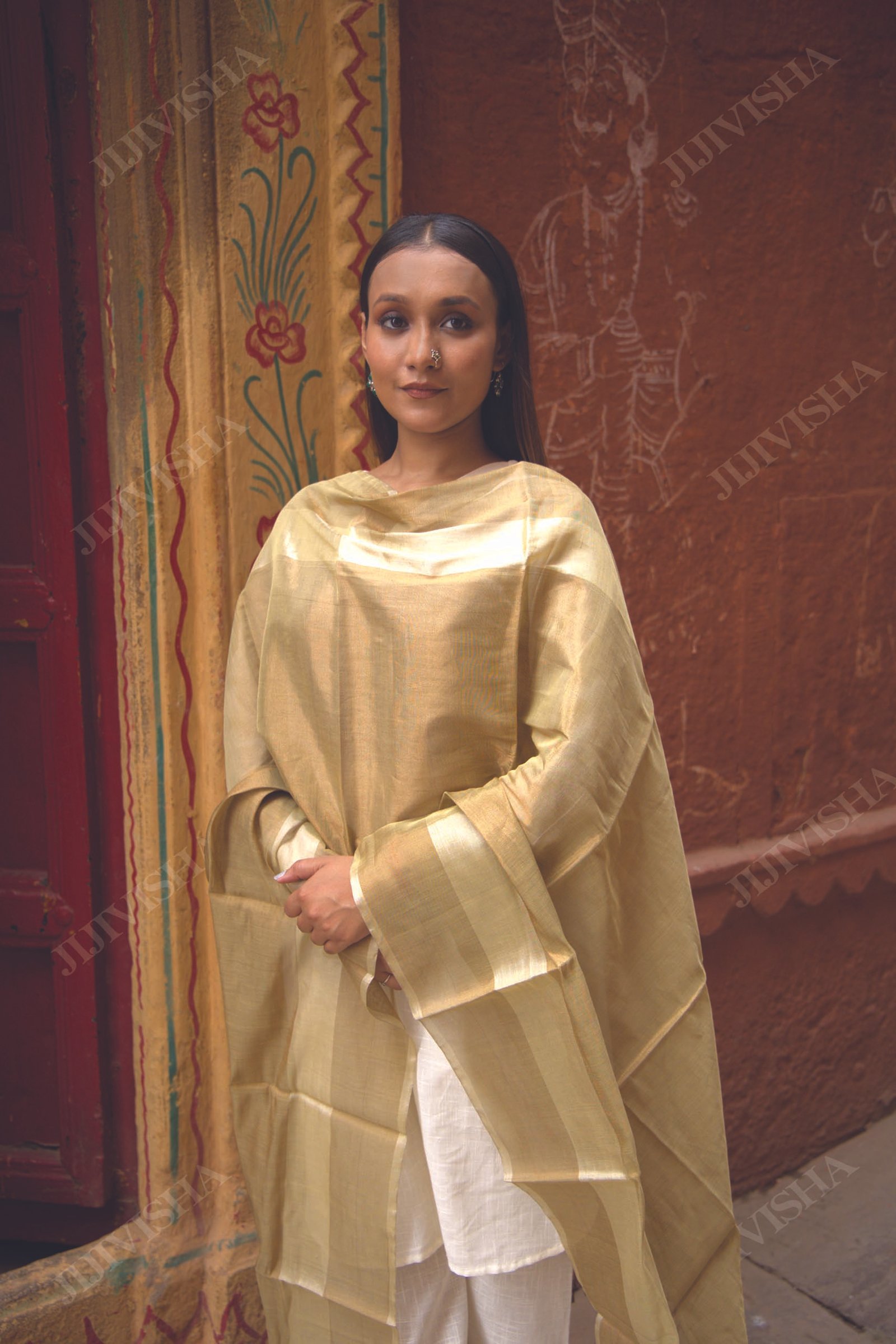 Buy Golden and Beige Handwoven Chanderi Silk Dupatta Online