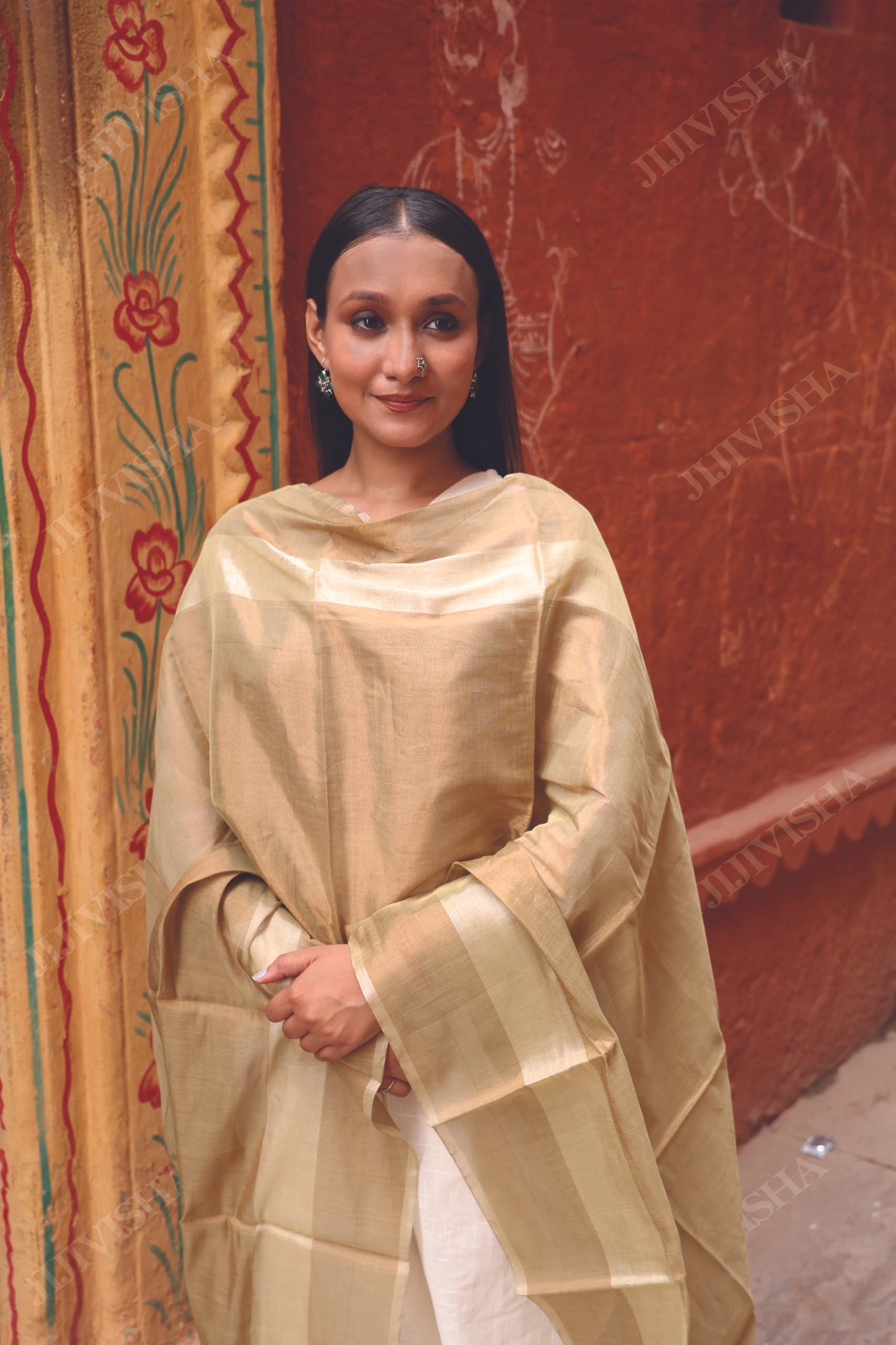 Buy Golden and Beige Handwoven Chanderi Silk Dupatta Online