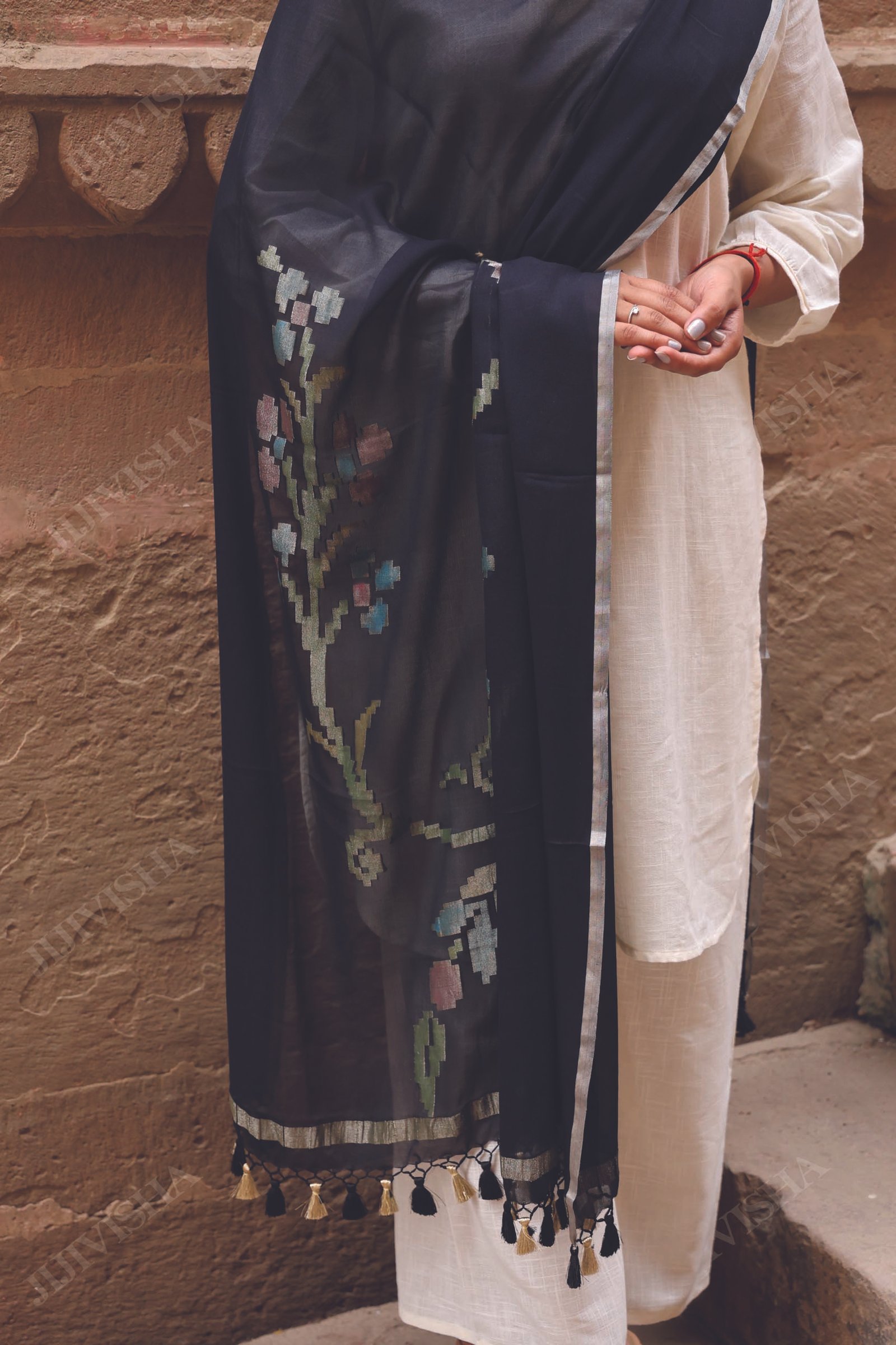 Buy Black Georgette Dupatta with Golden Border Online