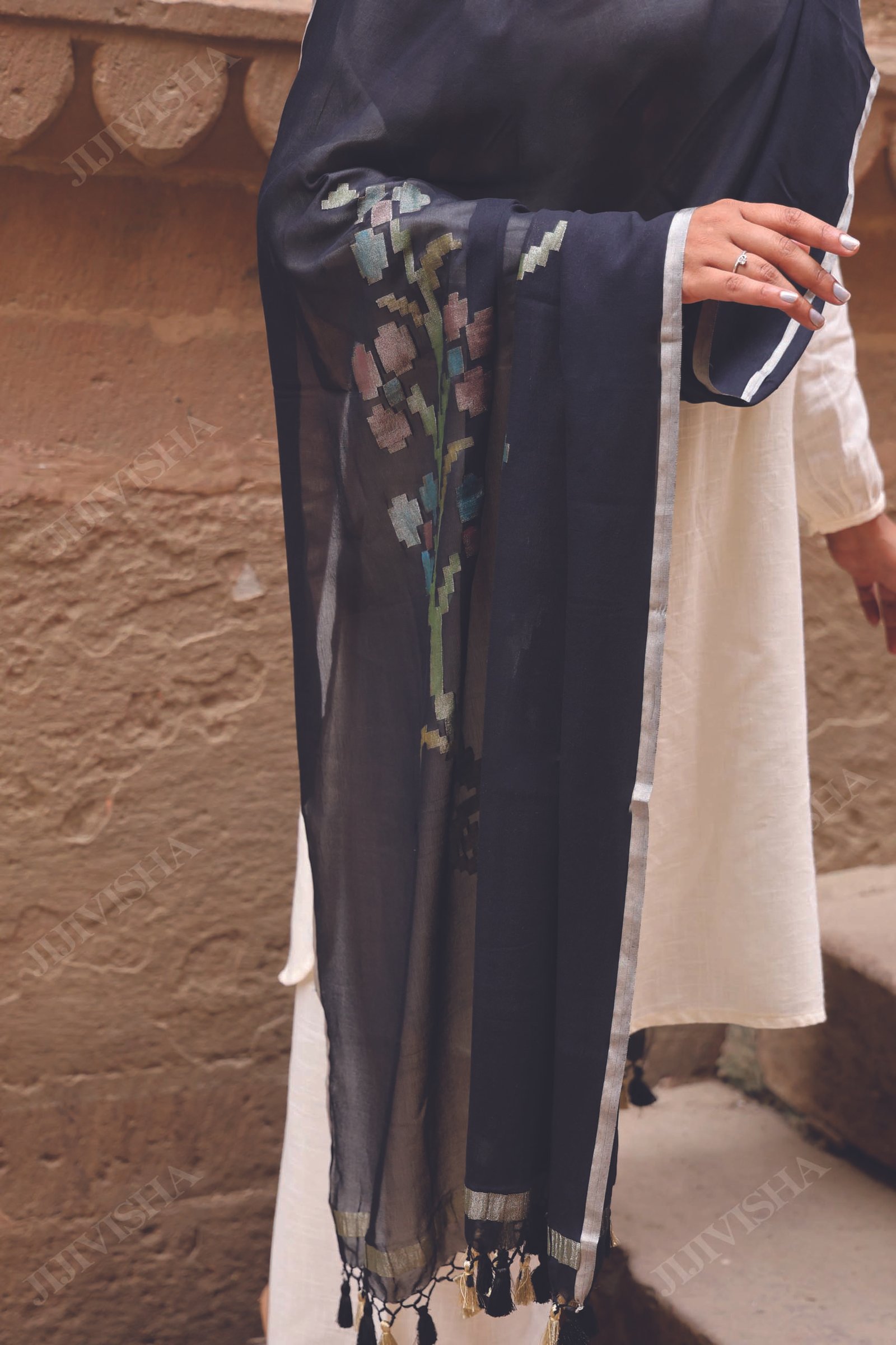 Buy Black Georgette Dupatta with Golden Border Online