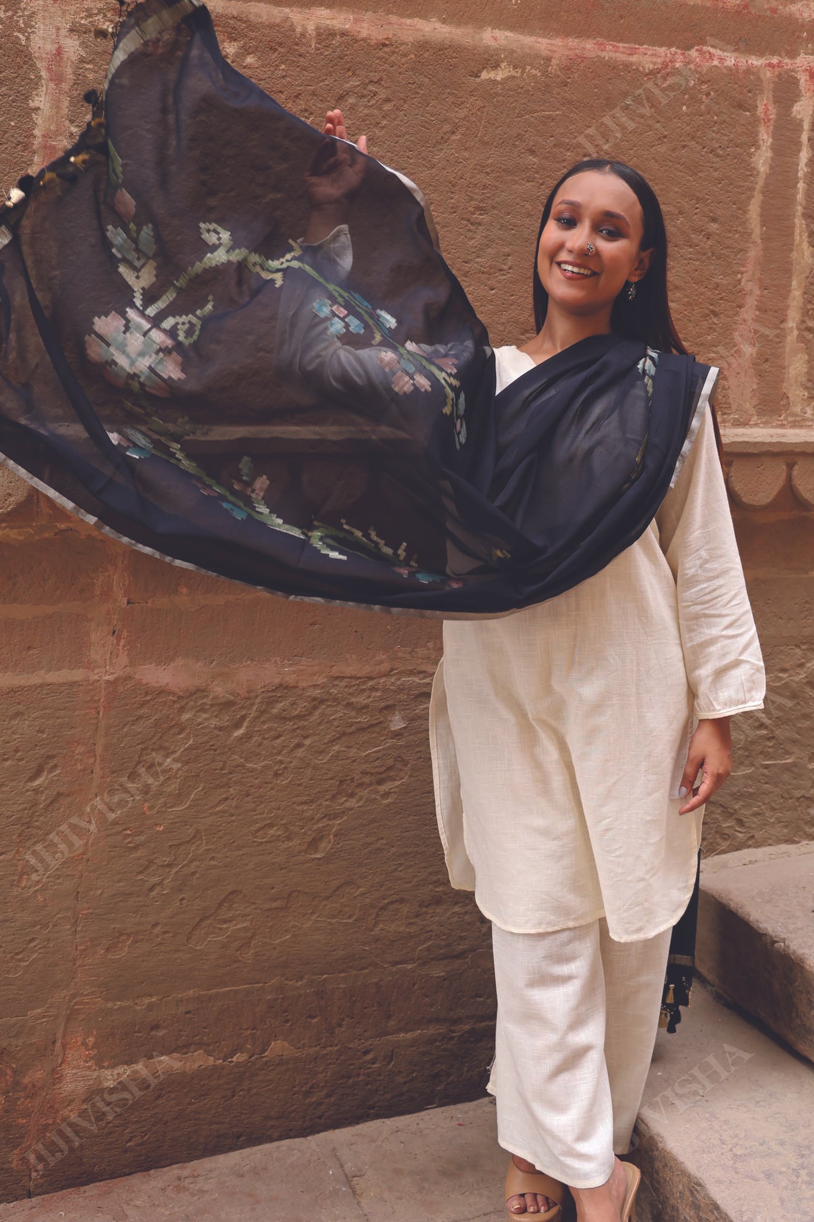 Buy Black Georgette Dupatta with Golden Border Online