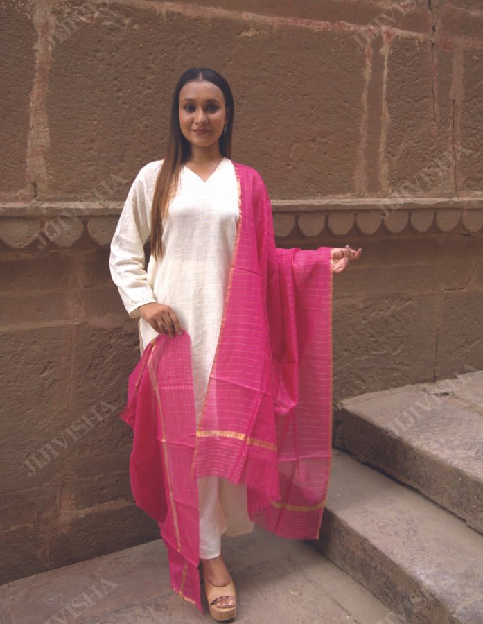Buy Pink Chanderi Silk Dupatta Online