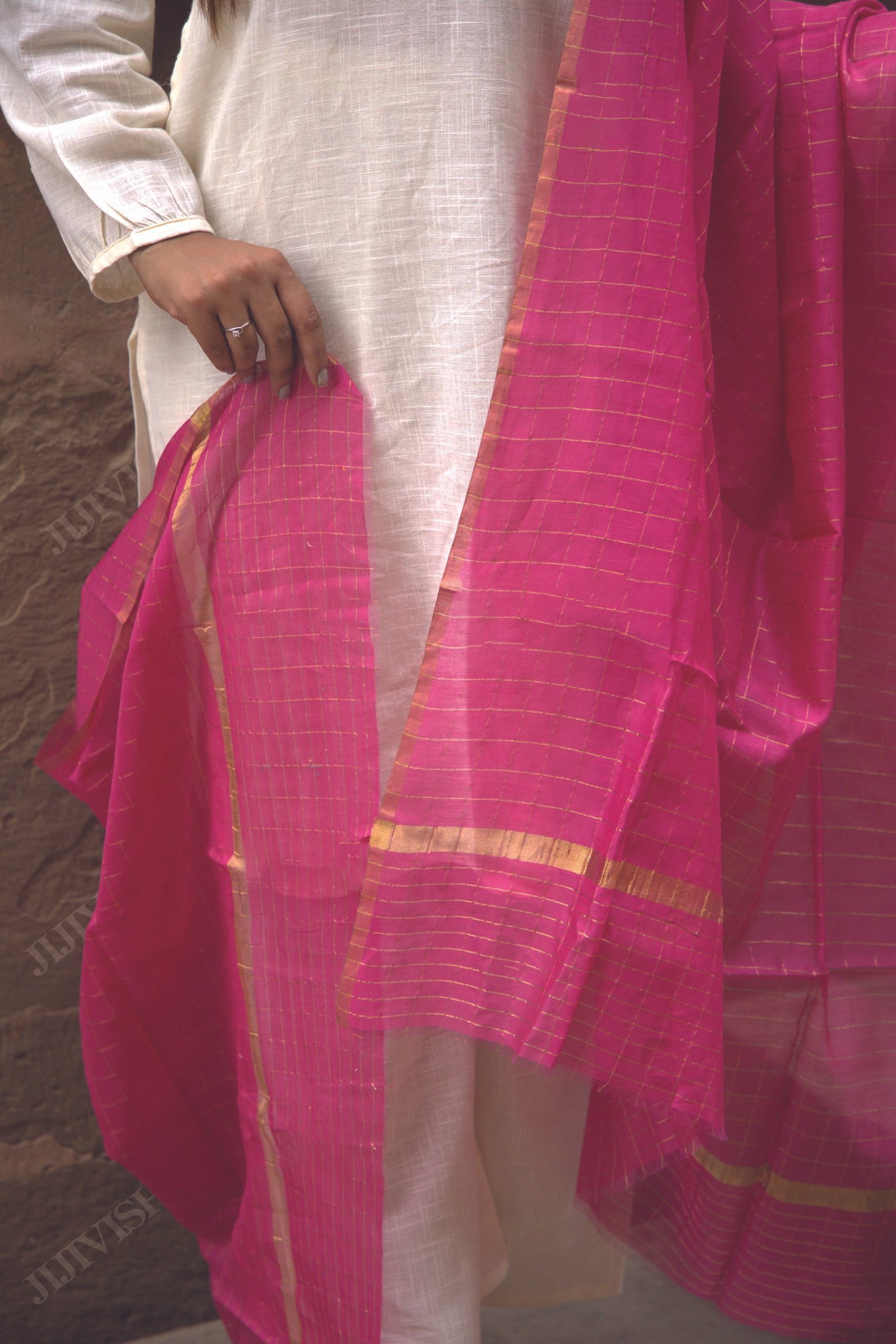 Buy Pink Chanderi Silk Dupatta with Golden Border Online
