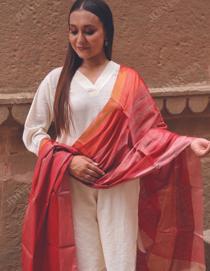 Buy Coral Chanderi Silk Dupatta Online