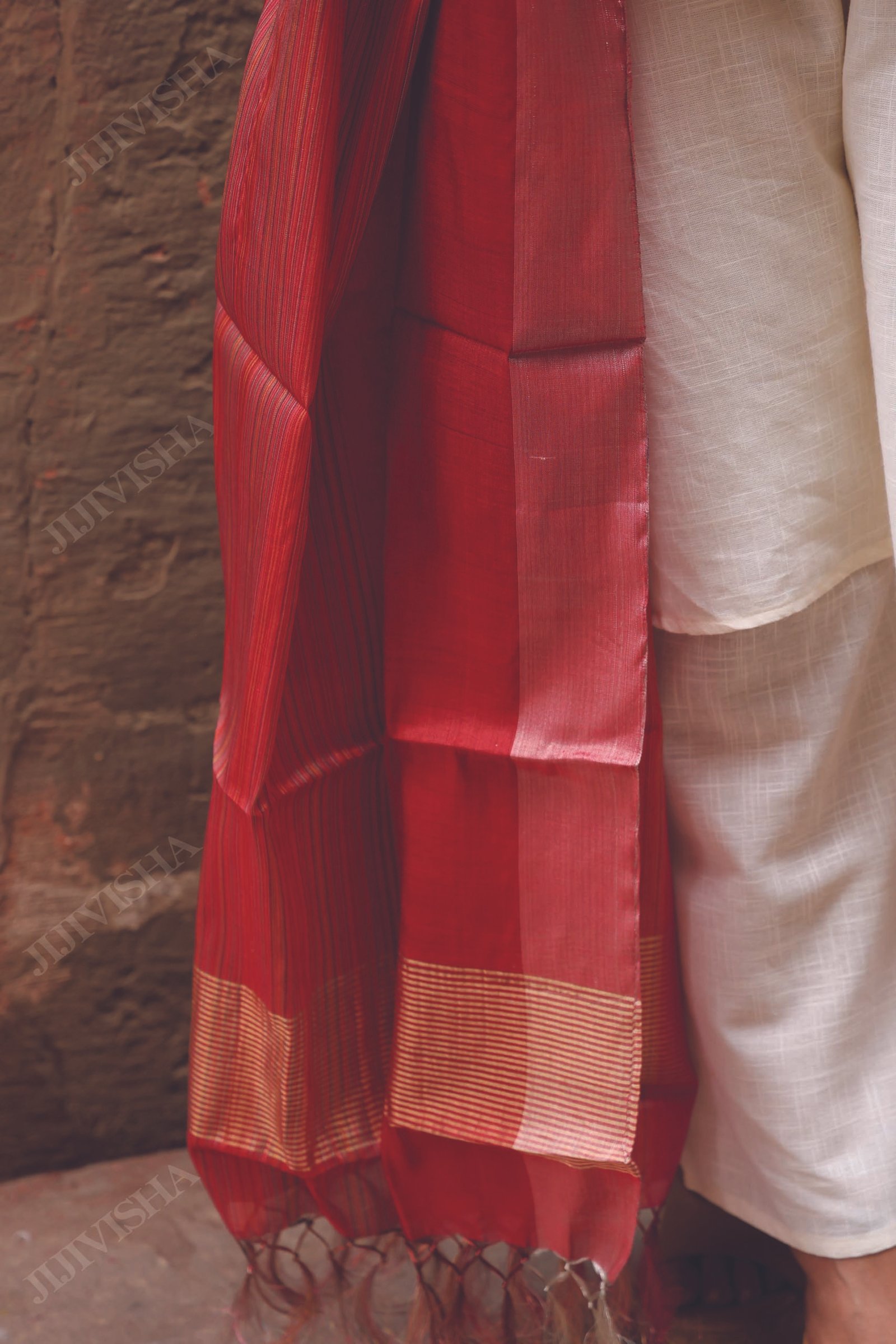 JVWAPSW050_3 Buy Coral Chanderi Silk Dupatta with Golden Border Online