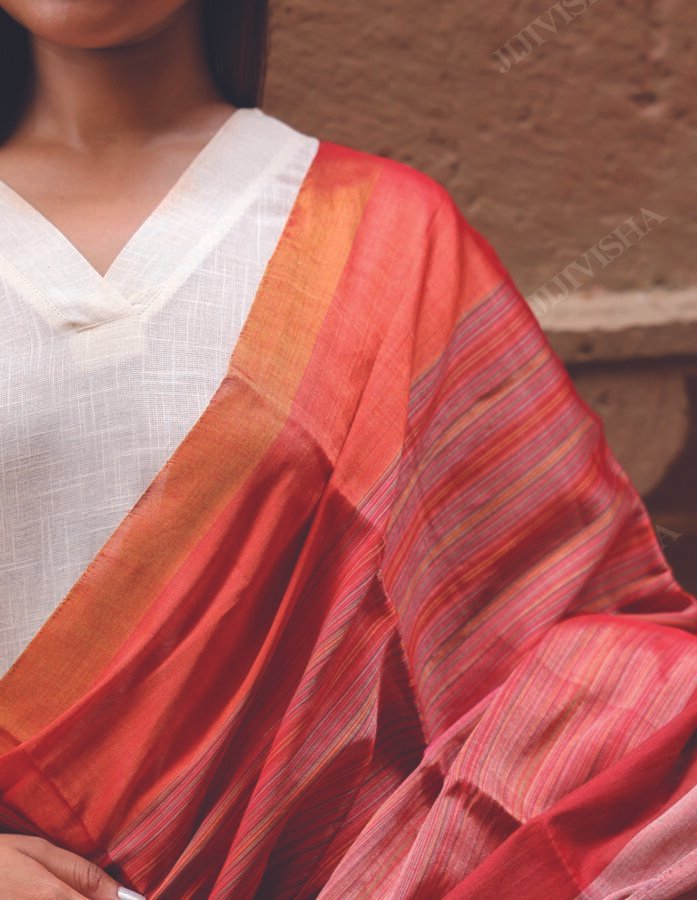 Buy Coral Chanderi Silk Dupatta with Golden Border Online