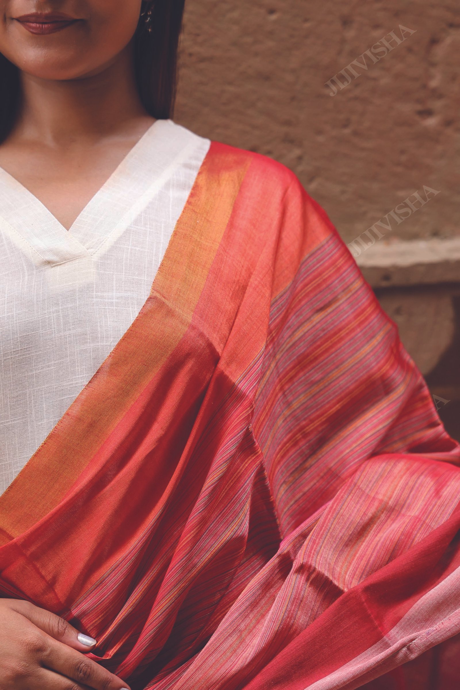 JVWAPSW050_4 Buy Coral Chanderi Silk Dupatta with Golden Border Online