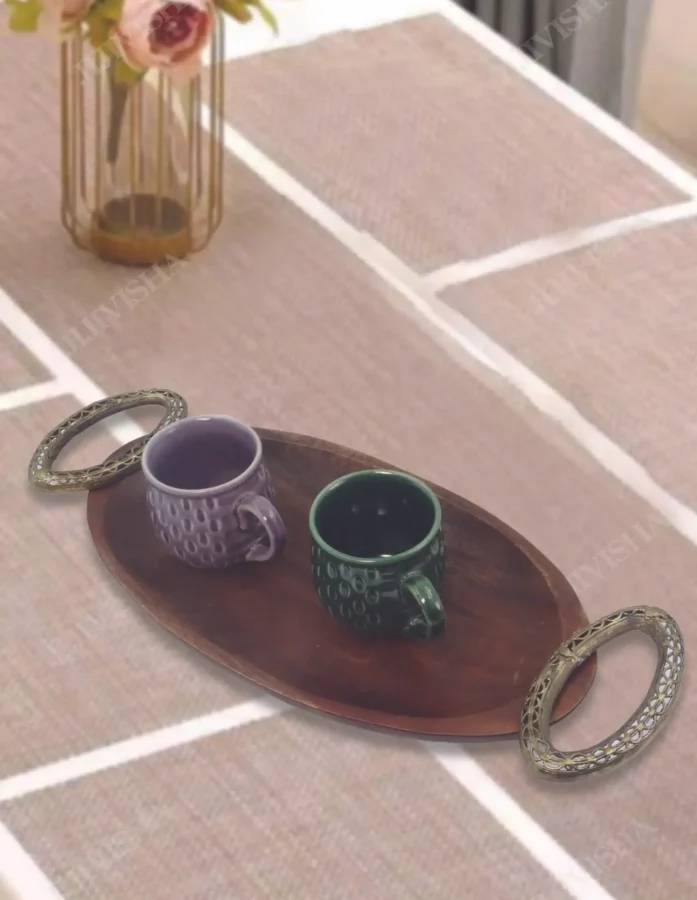 Elegant Oval Wooden Tray with Dokra Handles