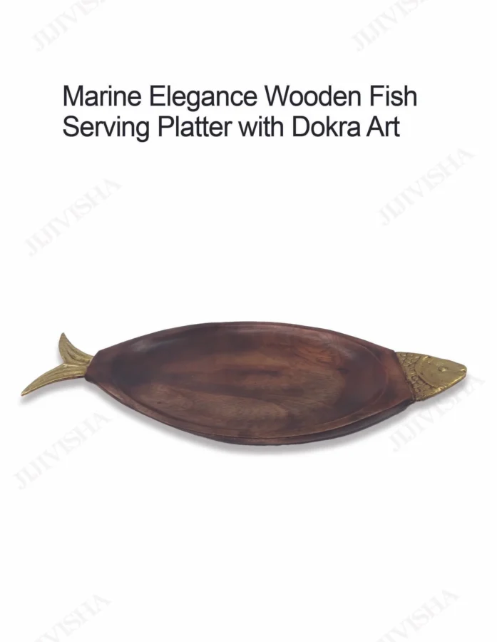 Marine Elegance Wooden Fish Serving Platter with Dokra Art