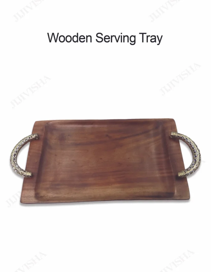 Handcrafted Elegance Wooden Serving Tray with Dokra Handles