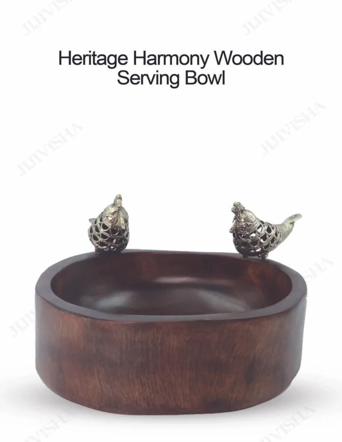 Heritage Harmony Wooden Serving Bowl with Dokra Accents