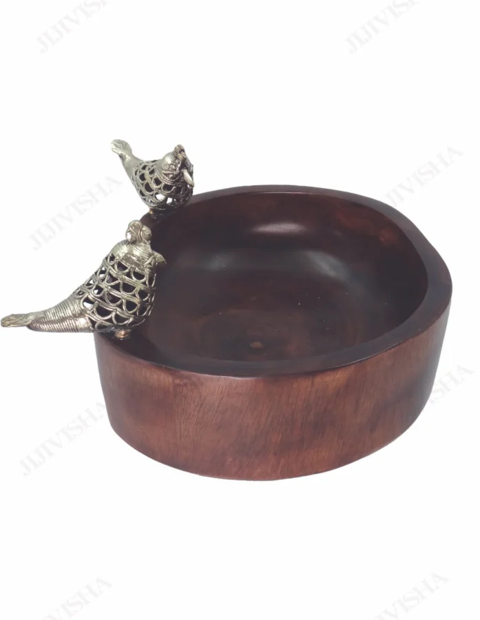 Heritage Harmony Wooden Serving Bowl with Dokra Accents - Gallery Image