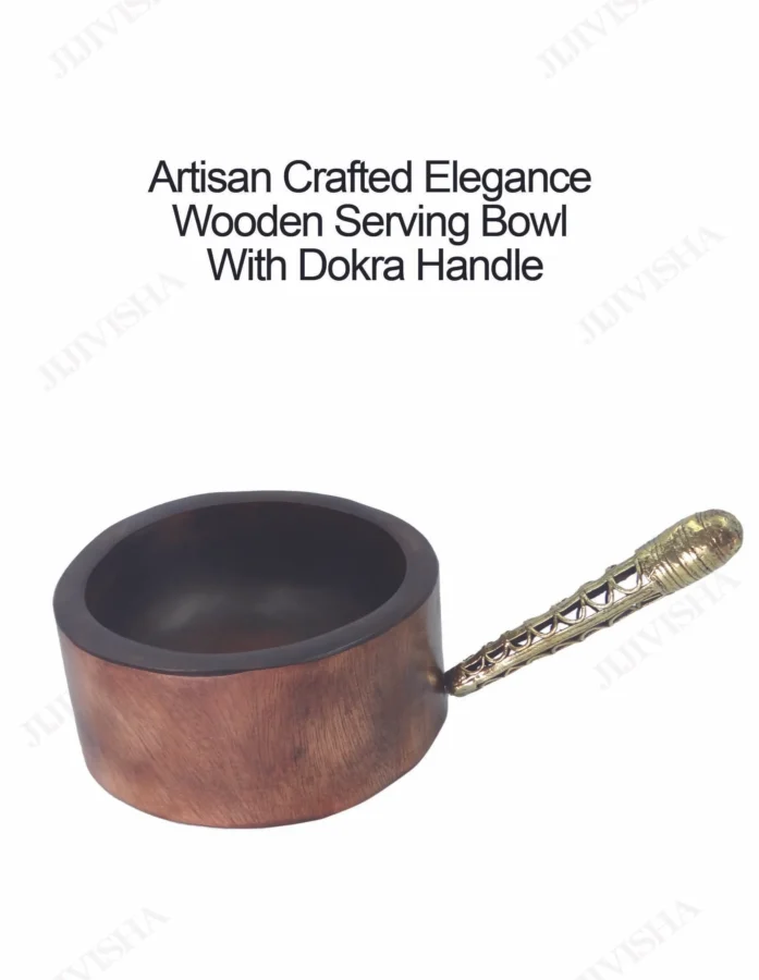 Artisan Crafted Elegance Wooden Serving Bowl with Dokra Handle