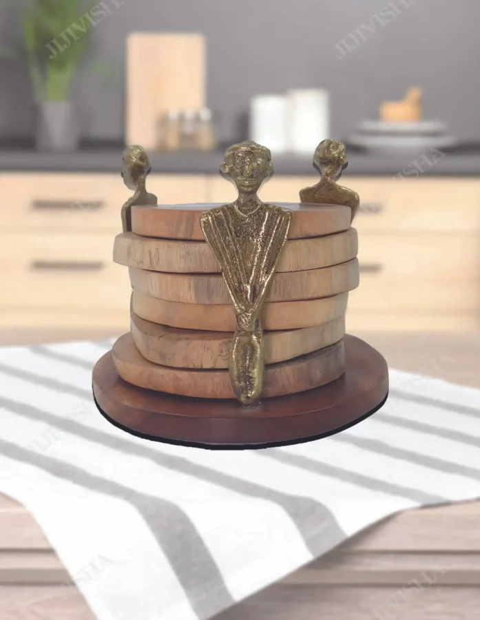 Wooden Coasters Set With Dokra Work