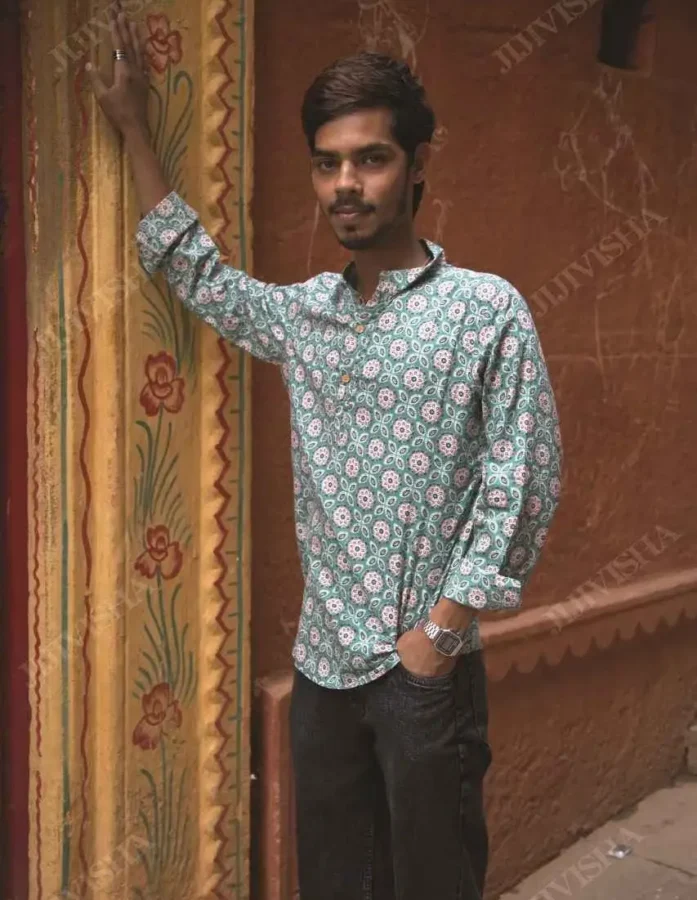 Nature's Grace: Men's Green Hand Block Printed Cotton Short Kurta