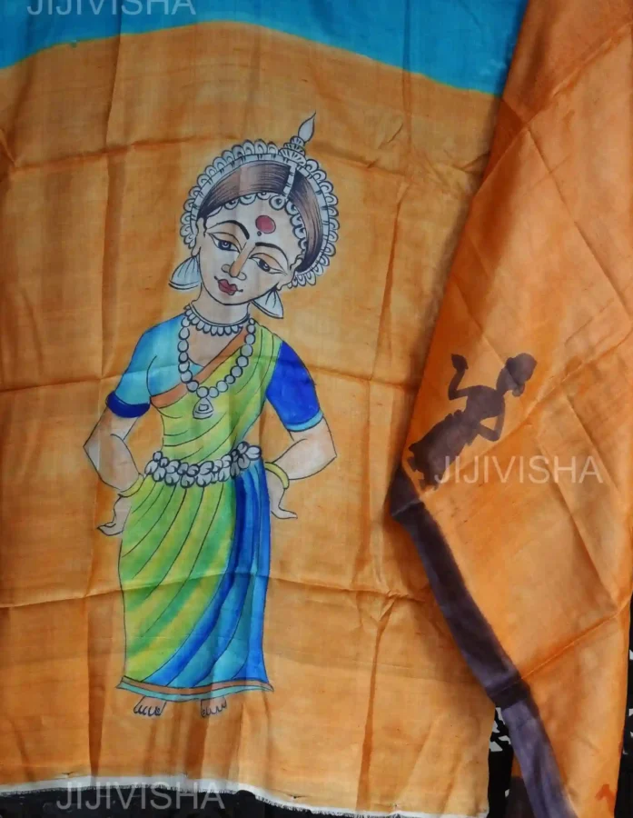 Classic Orange: Hand Painted Silk Dress Material Set (Set of 2)