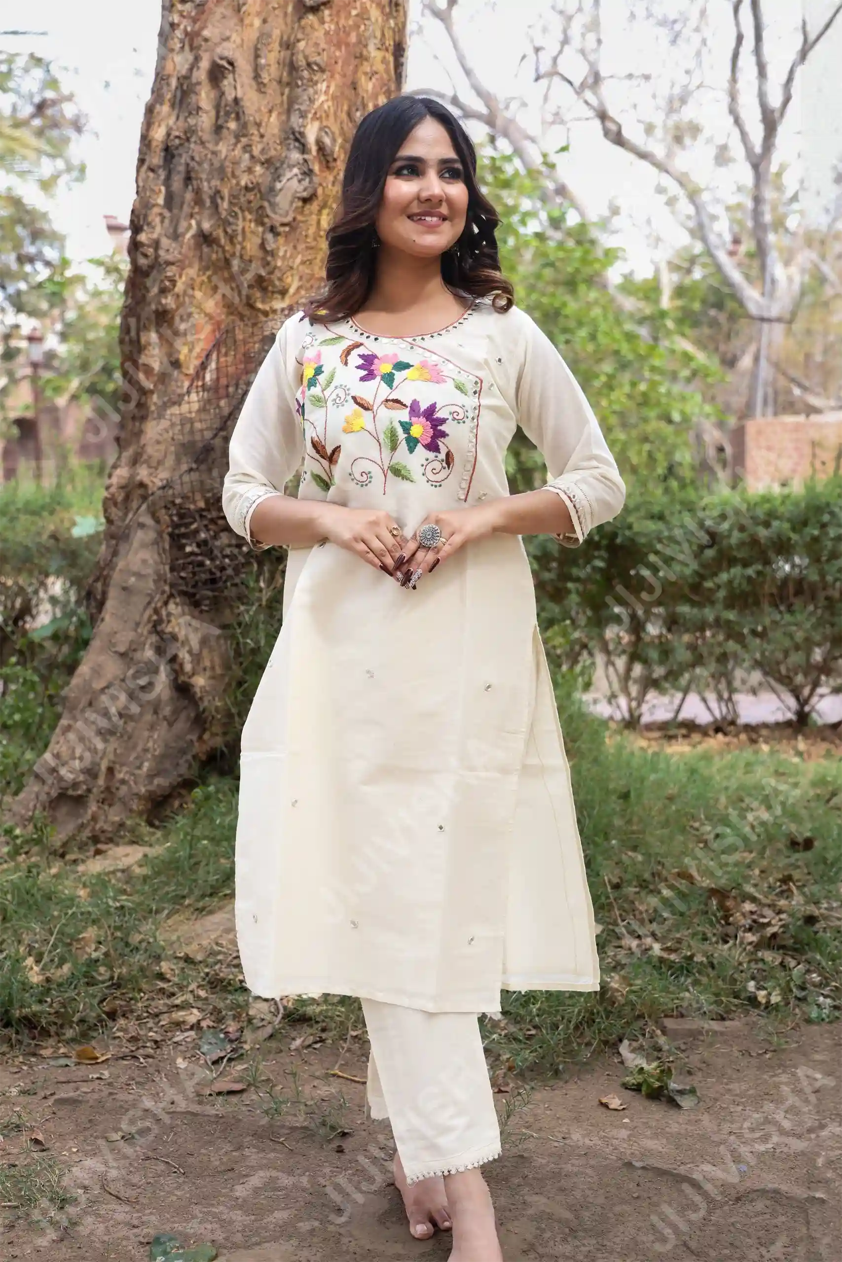 Buy Ethereal Elegance Cotton Hand-Embroidered Beige Kurta