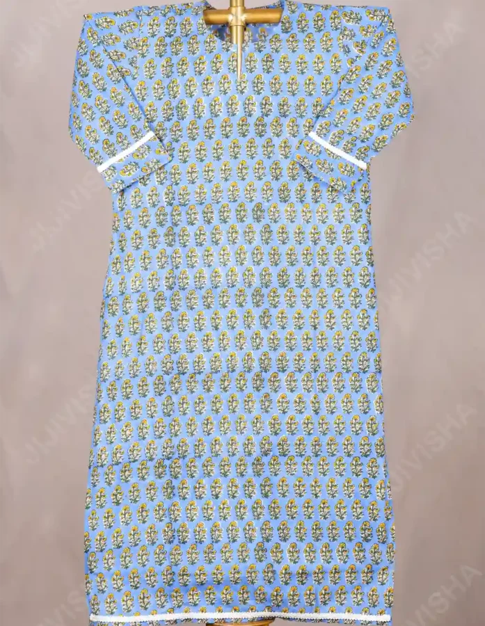 Buy Prussian Petals Hand Block Print Cotton Kurta with Chandi Lace