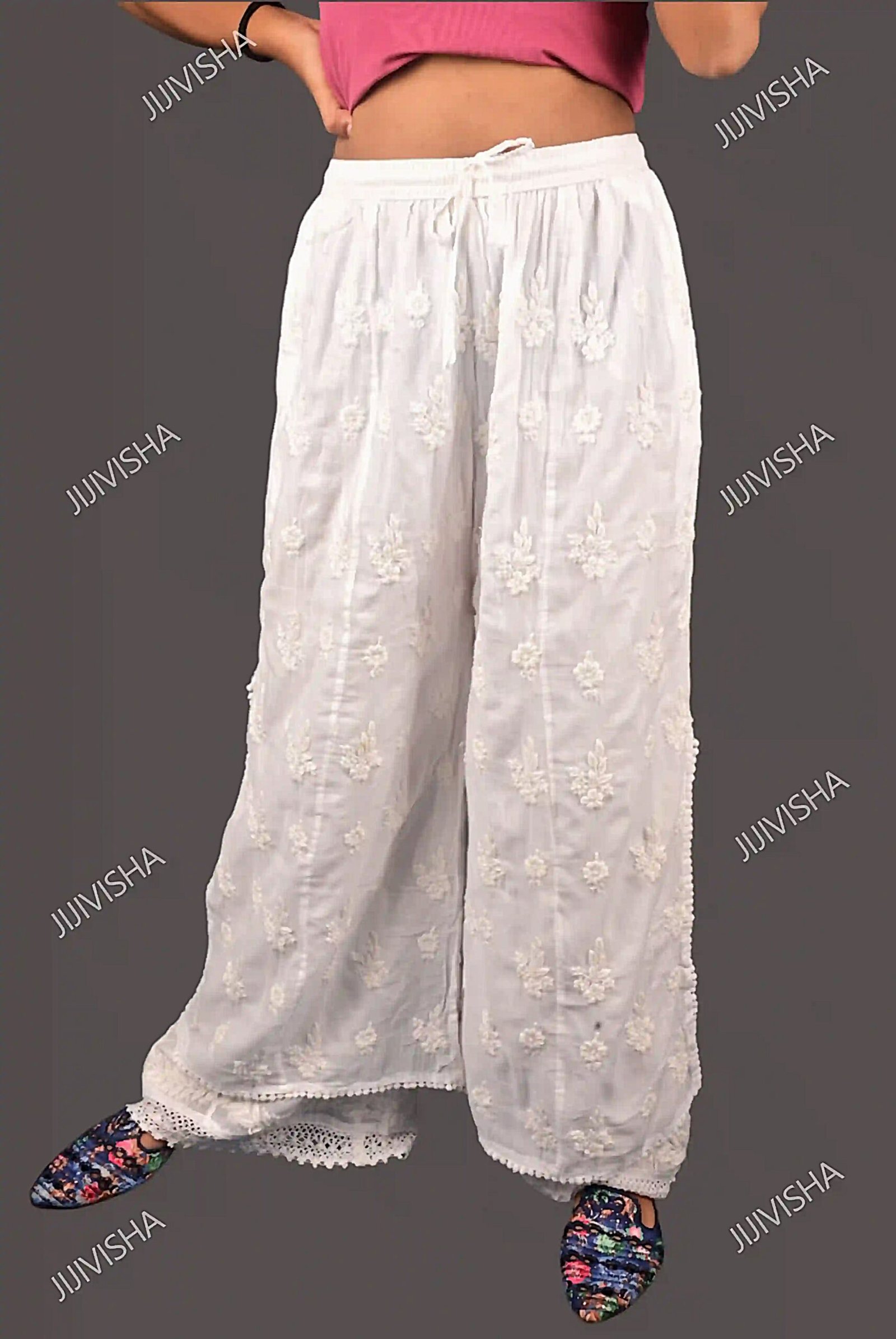 Buy White Chikankari Embroidery Panelled Palazzo