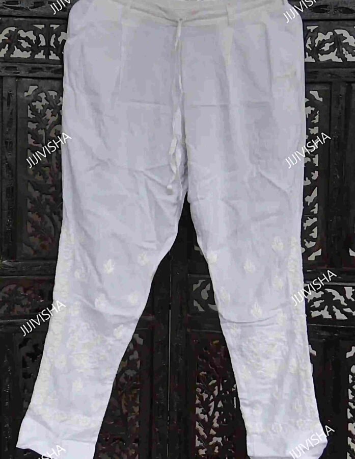 Buy White Cotton Pants with Rose Chikankari Embroidery