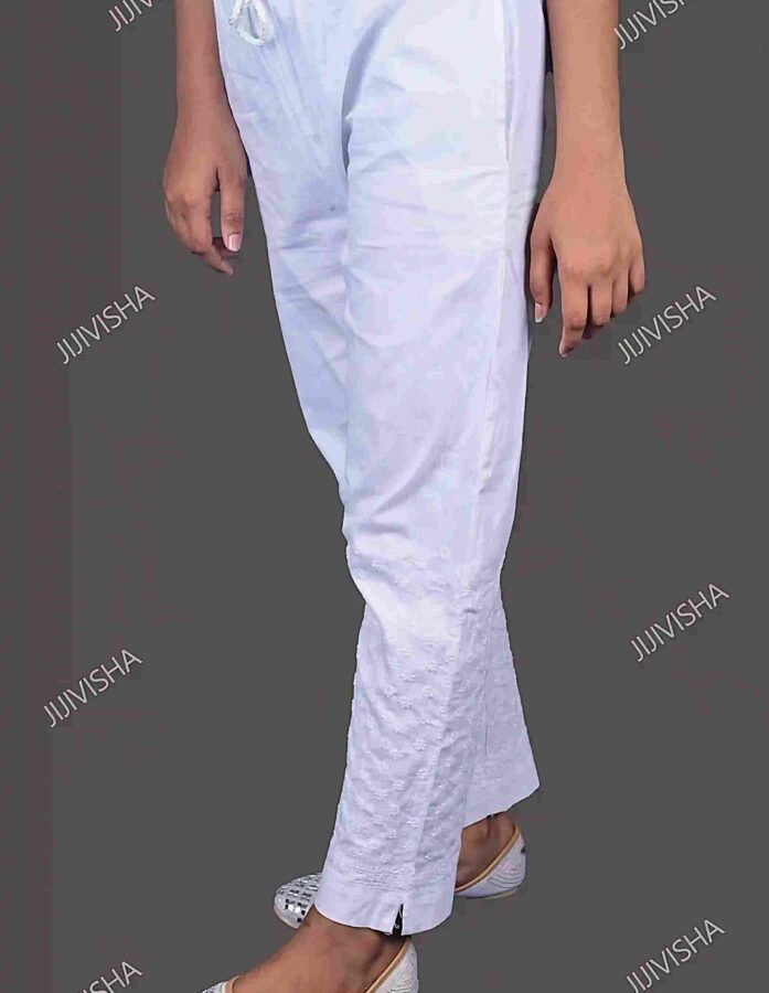 Buy White Cotton Stretchable Pants with Chikankari Embroidery