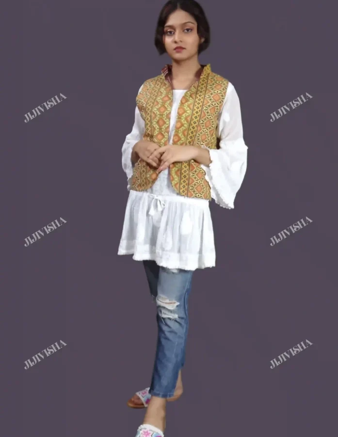 Buy Yellow Ajrakh Print Sleeveless Front Open Jacket