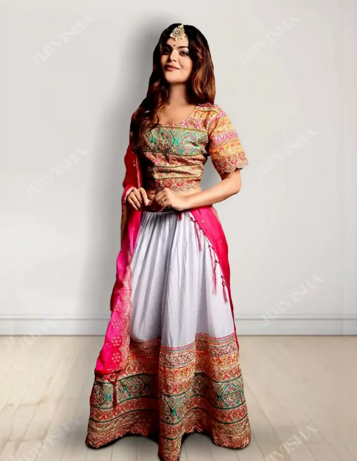 Buy Regal Glamour: Ivory and Pink Lehenga Set