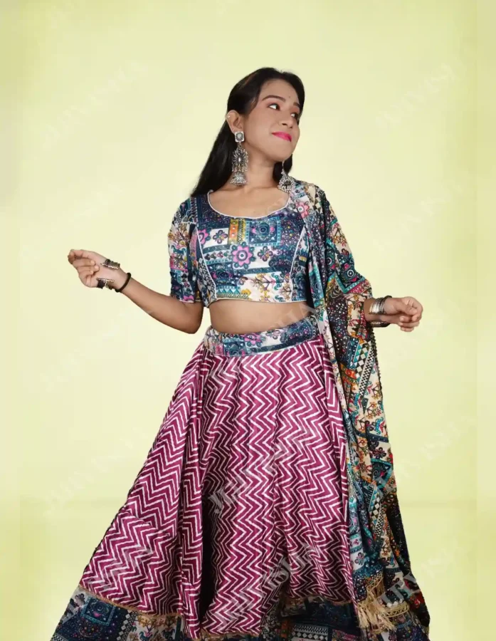 Buy Shimmering Elegance: Blue Mauve Satin Lehenga Set