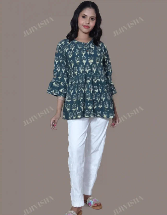 Buy Green & Beige Tree Hand Block Printed Short Kurti