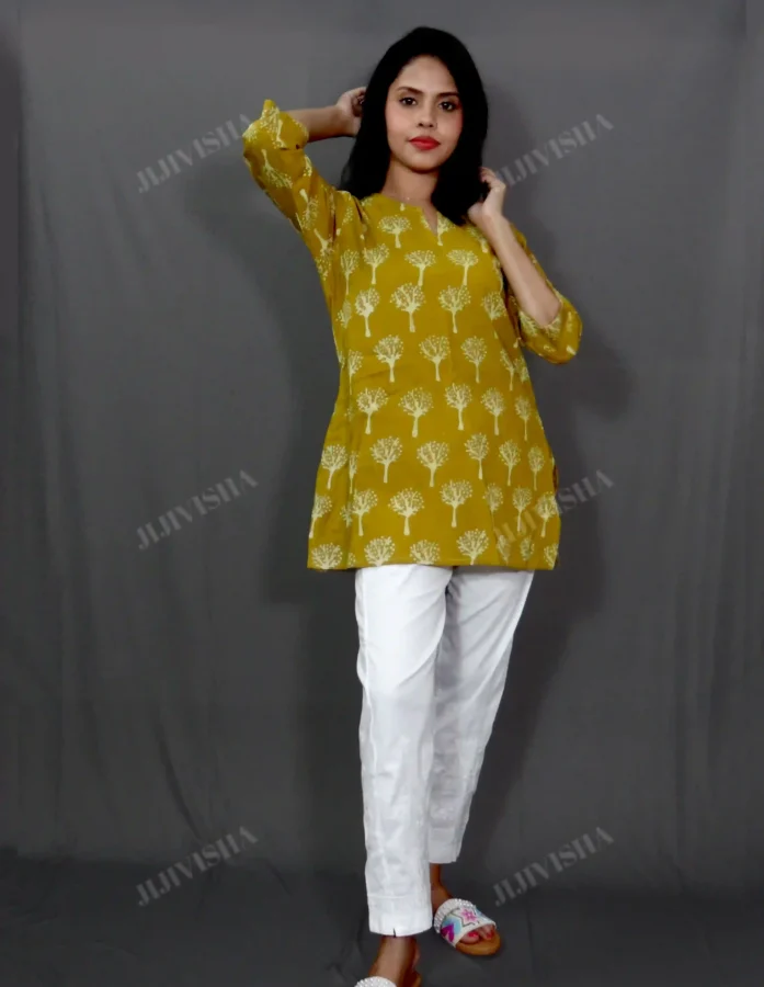 Buy Mustard and Beige Tree Block Print Short Kurti