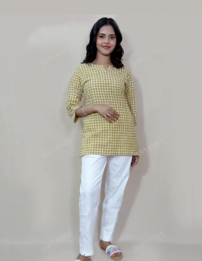 Buy Mustard & Beige Checkered Cotton Short Kurti