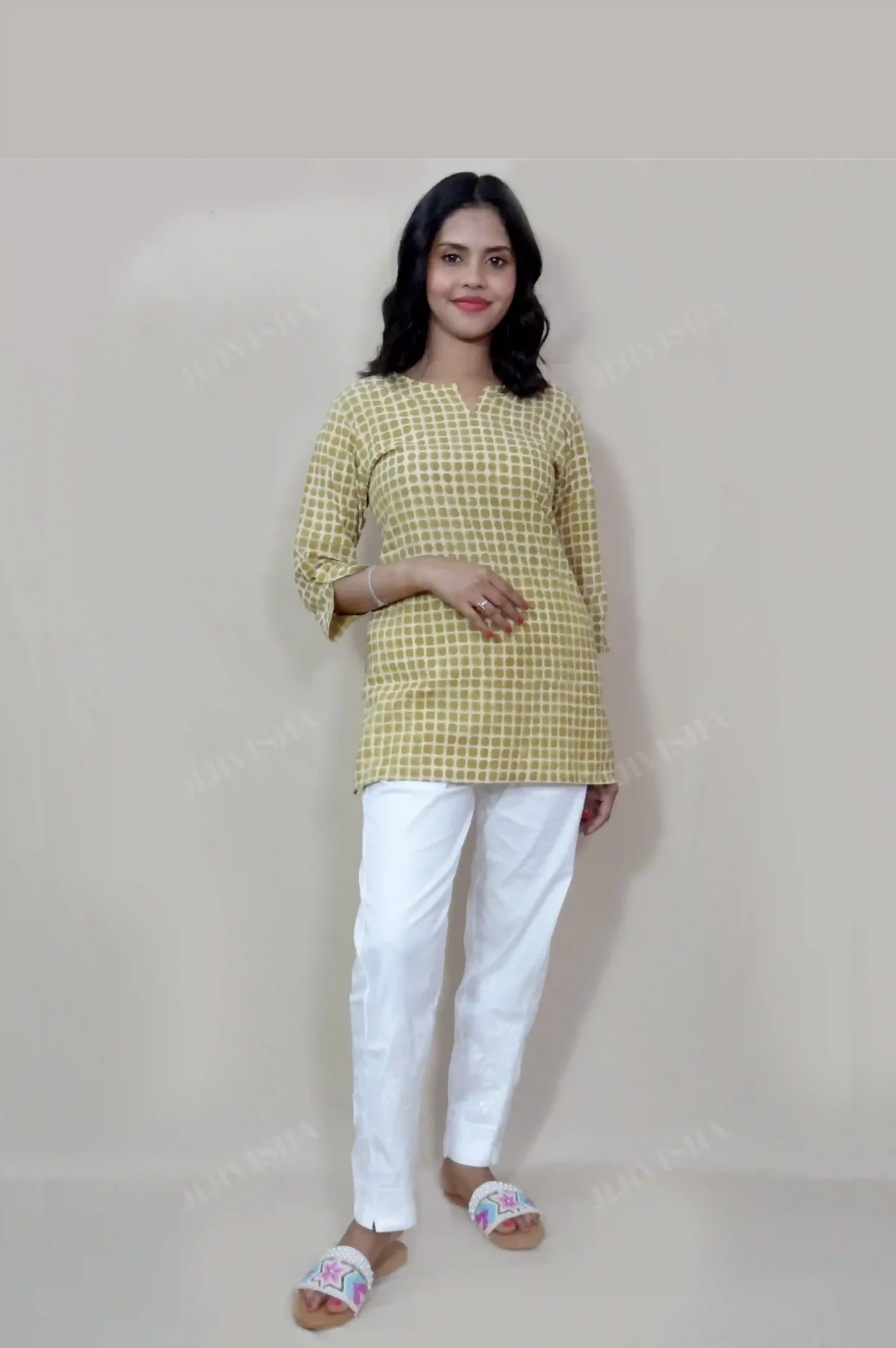 Buy Mustard & Beige Checkered Cotton Short Kurti