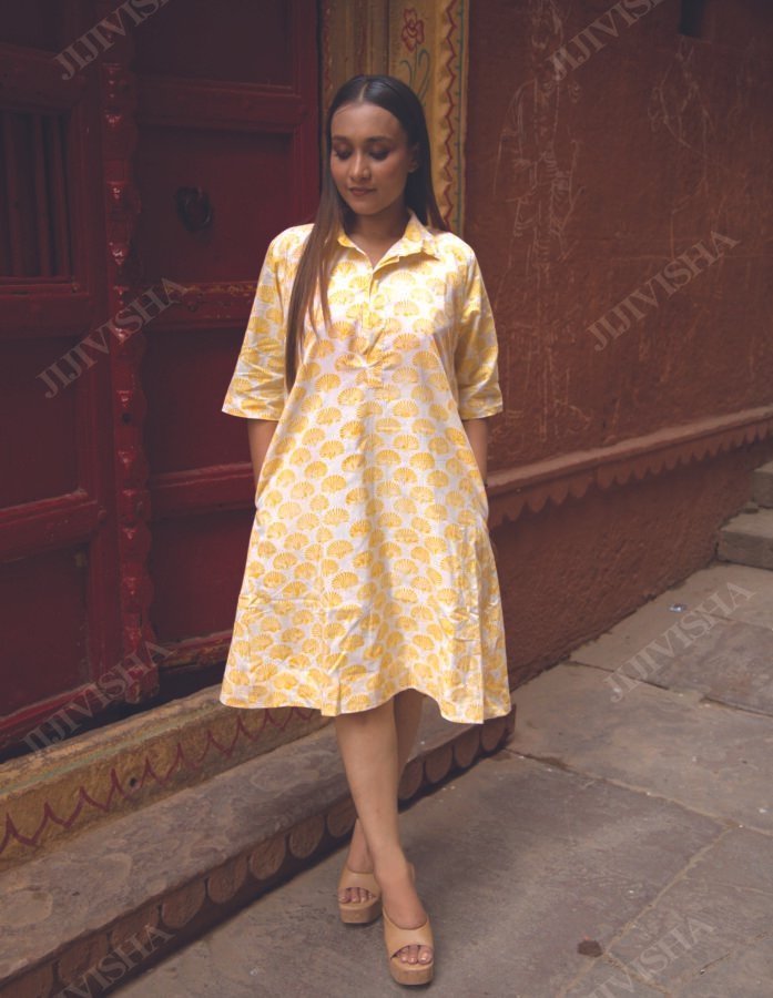 Yellow Hand Block Print Women's Cotton Tunic
