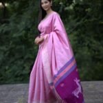 Powder Pink and Plum Bishnupuri Pure Silk Kalakhetra Saree