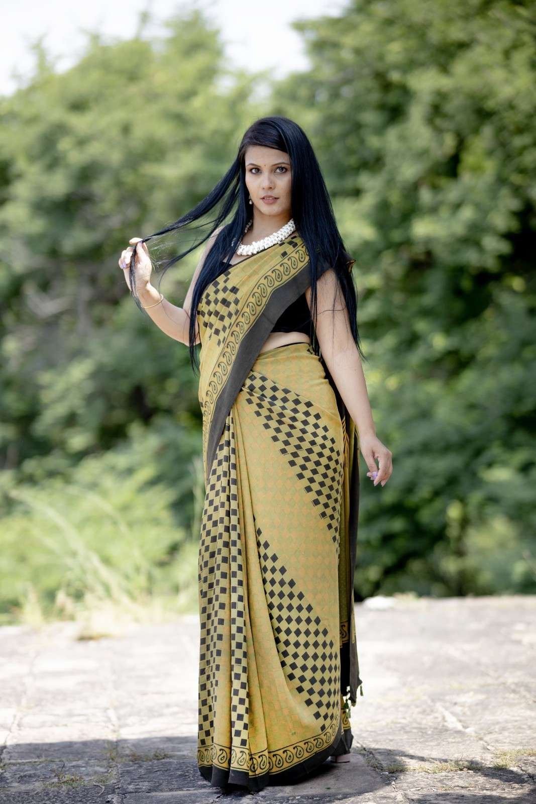 Ajrakh Block Printed Saree in Georgette