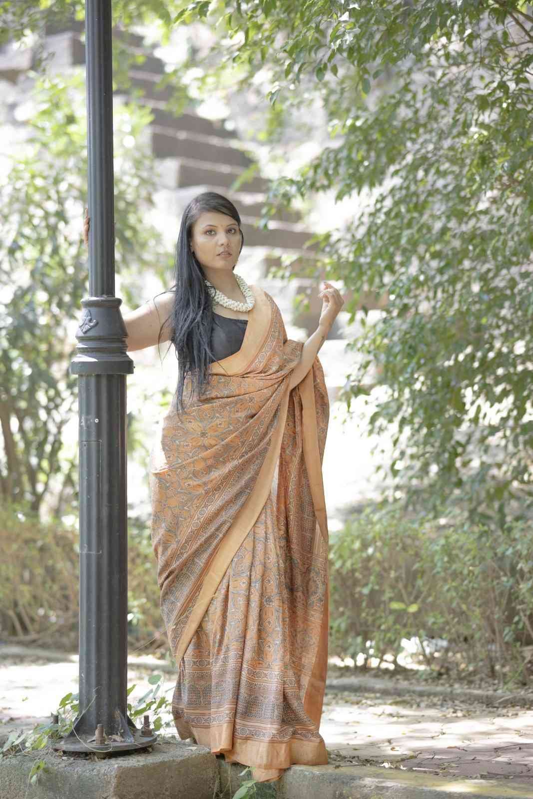 Melon Bloom Mulberry Silk In Ajrakh Saree