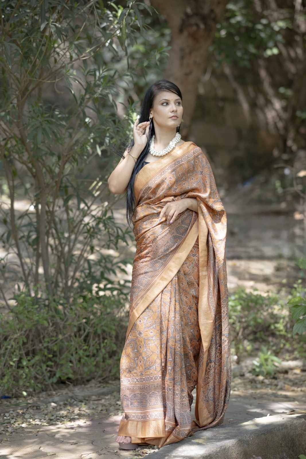 Melon Bloom Mulberry Silk In Ajrakh Saree