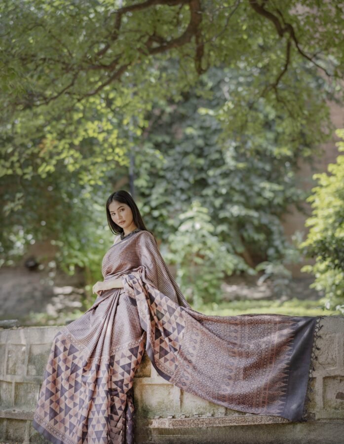 Peach Petals Tussar Silk Saree In Ajrakh