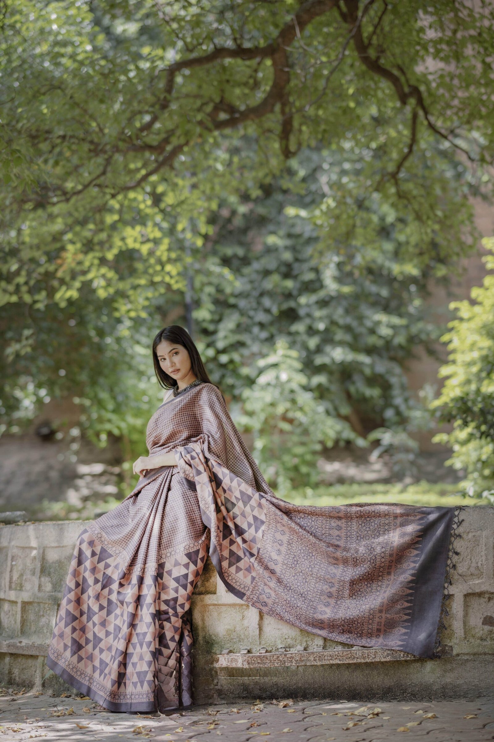 Peach Petals Tussar Silk Saree In Ajrakh