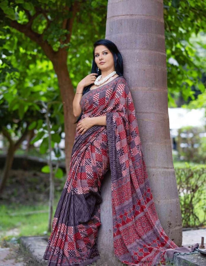 Ajrakh Splendor Rust Honey Peach Saree