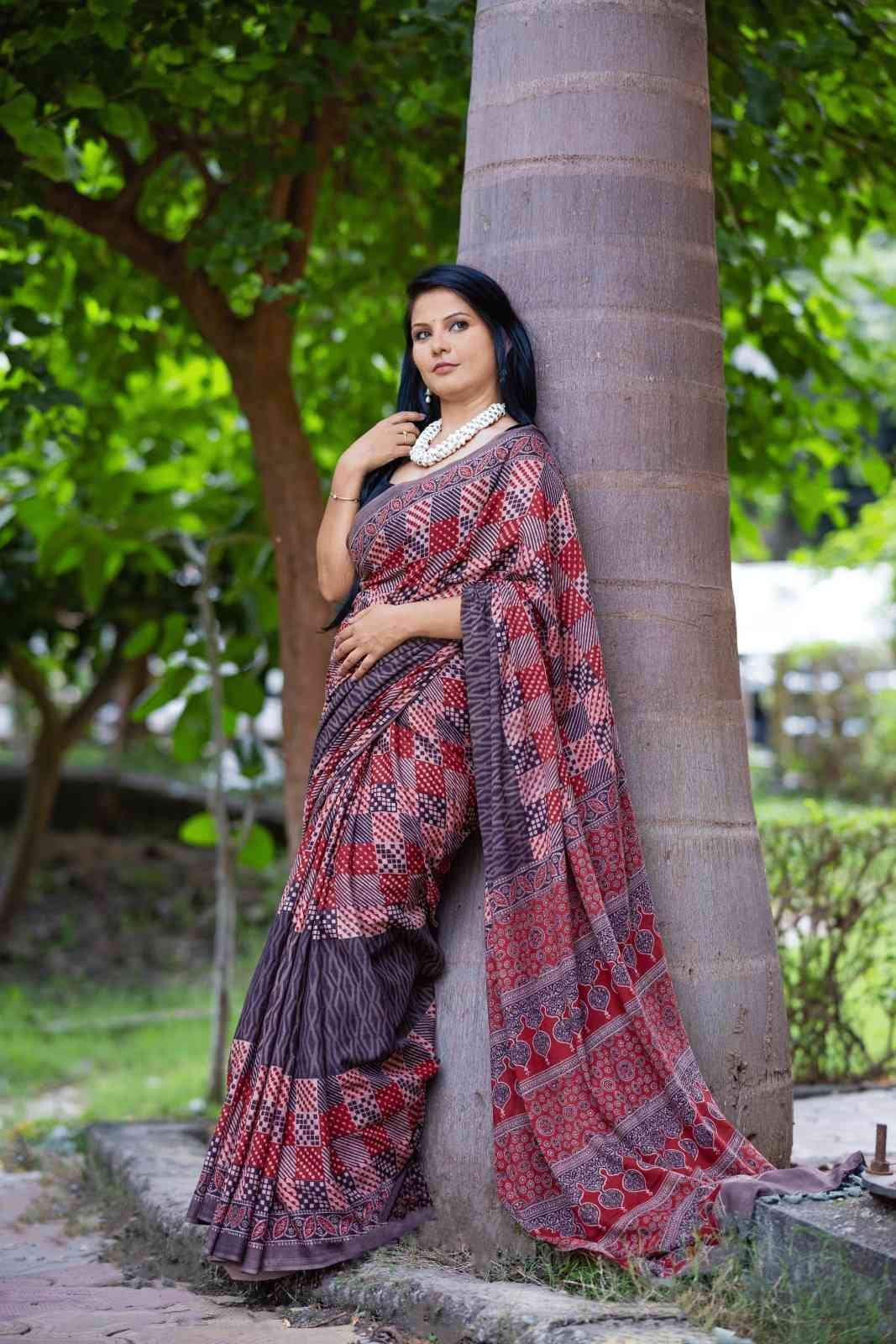 Ajrakh Splendor Rust Honey Peach Saree