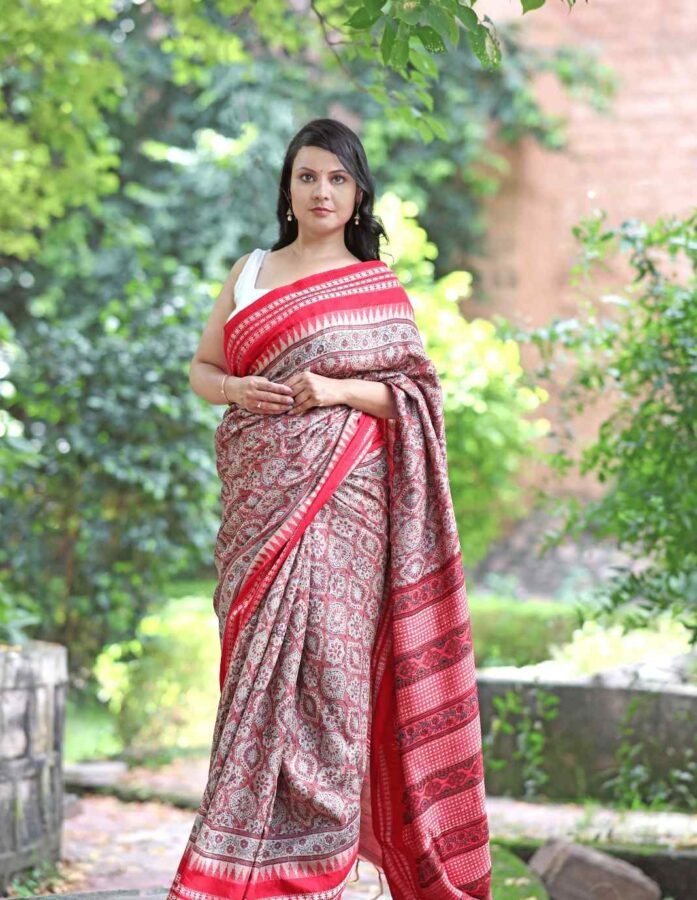 Vidarbha Tussar Silk Saree In Ajrakh