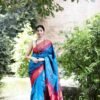 Blue Kosa Silk Saree with Red Temple Border