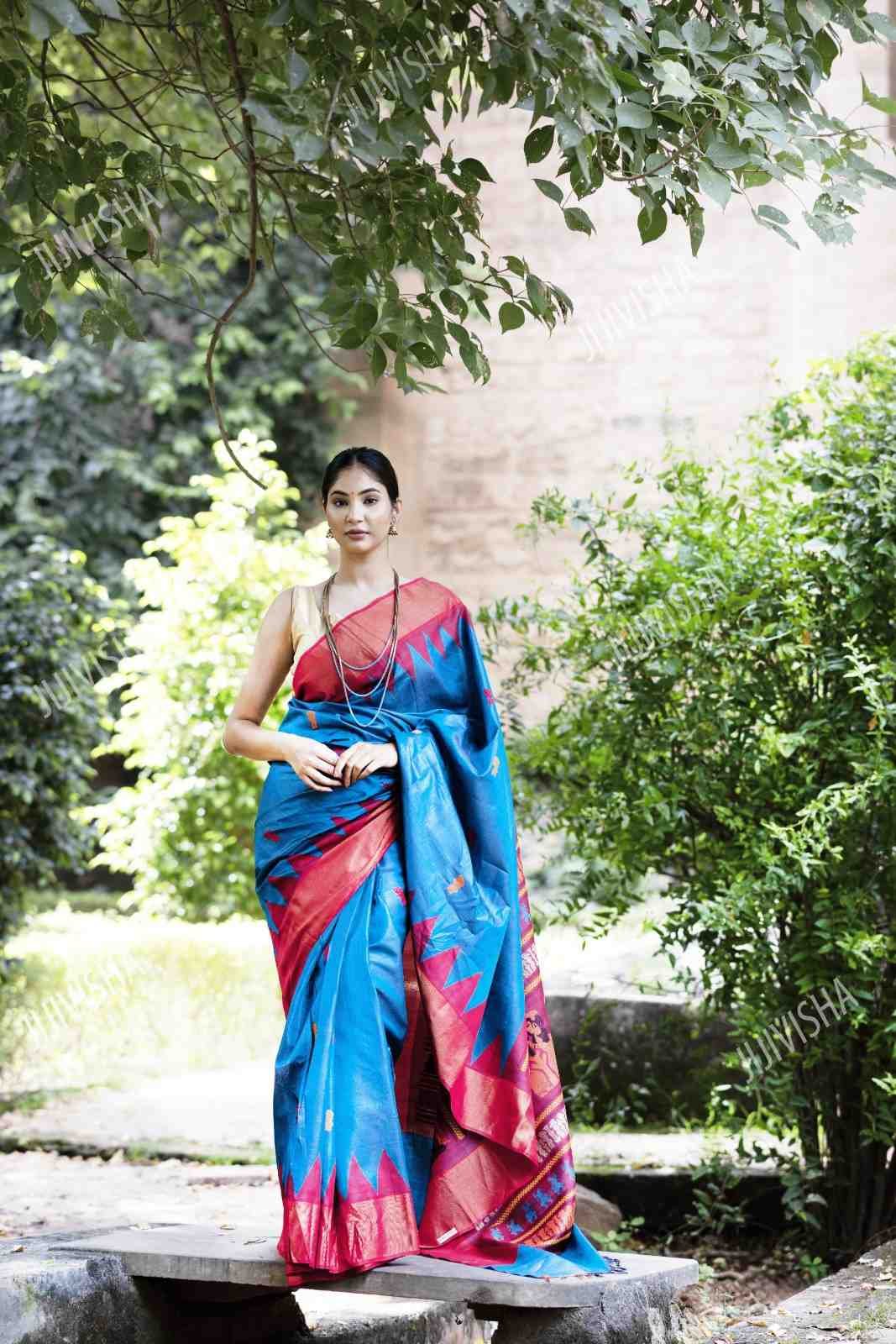 Blue Kosa Silk Saree with Red Temple Border