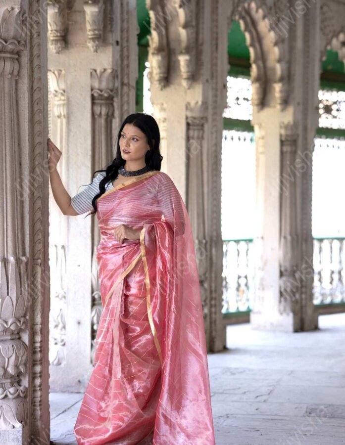 Peach Tissue Silk Saree with Silver Tone and Golden Stripes