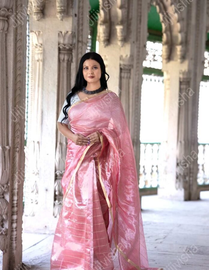 Peach Tissue Silk Saree with Silver Tone