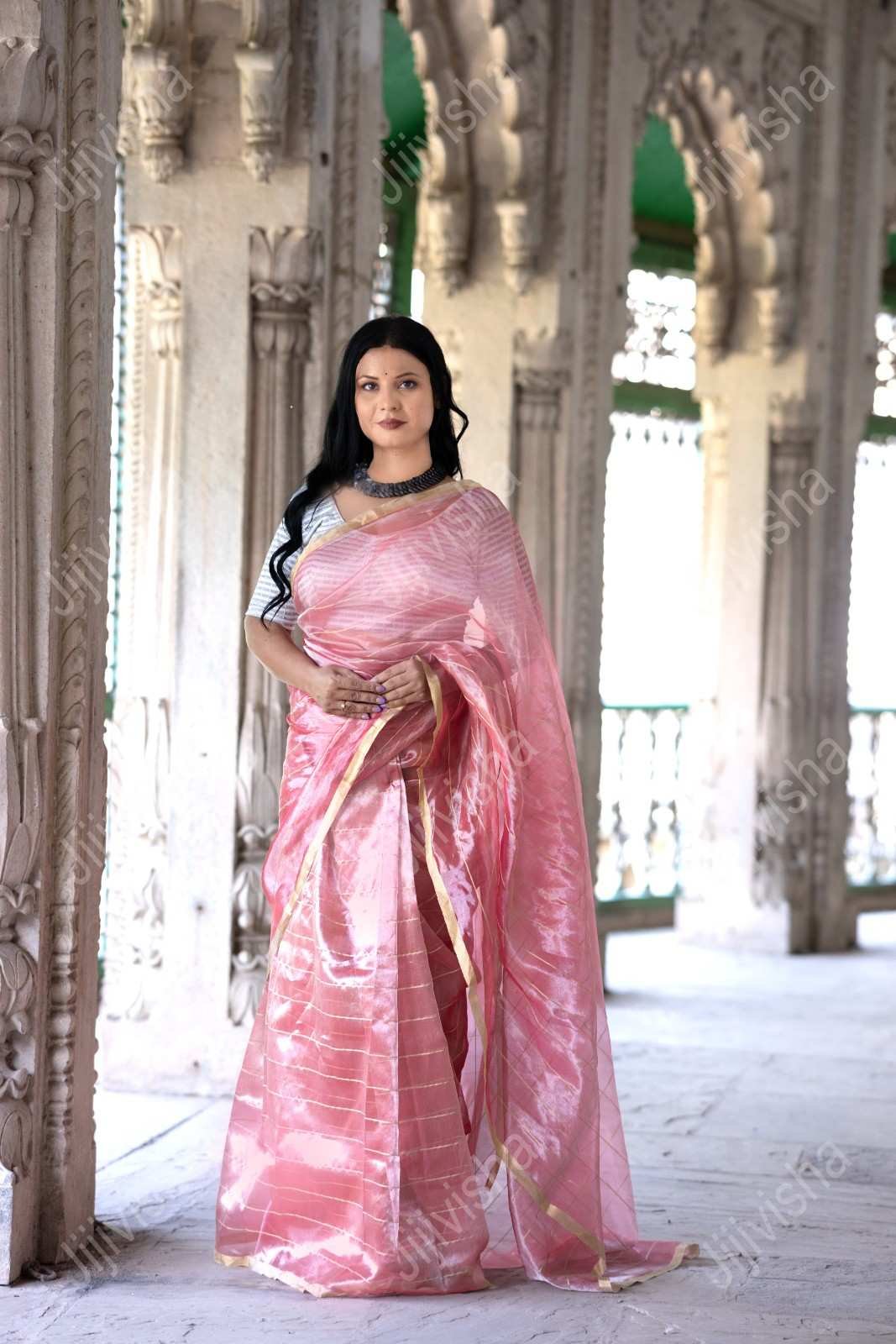 Peach Tissue Silk Saree with Silver Tone