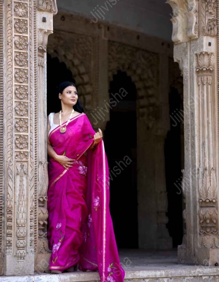 Pink Chanderi Silk Saree with Golden Border
