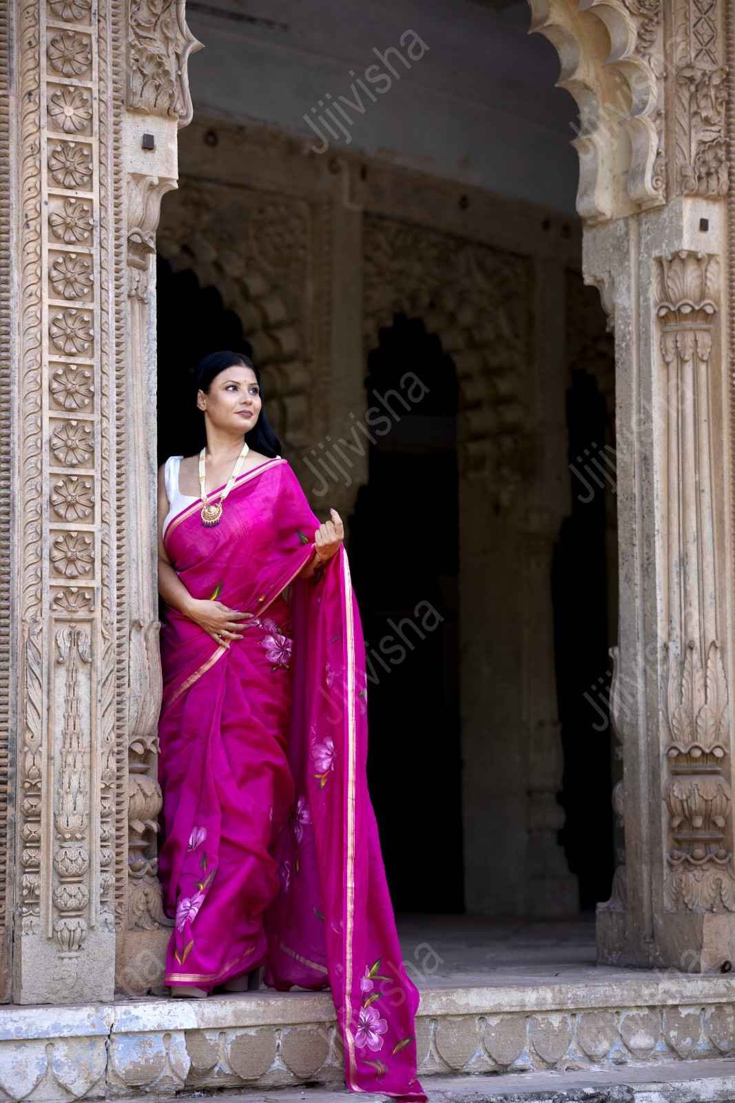 Pink Chanderi Silk Saree with Golden Border