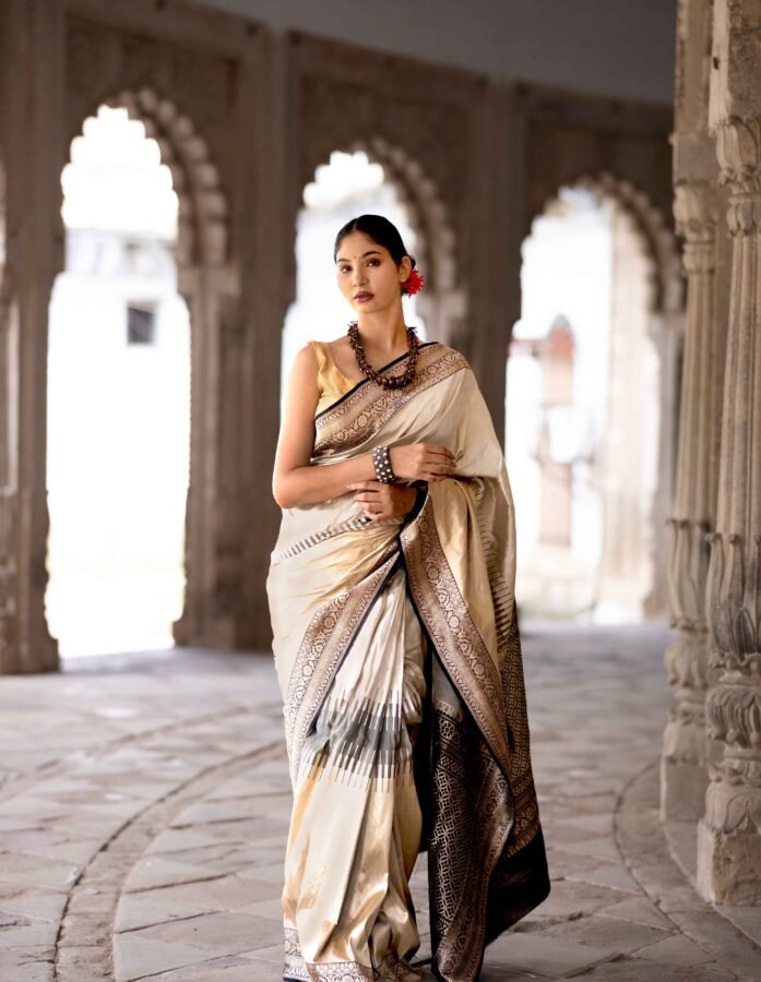 Ash Banarasi Silk Saree with Black Pallu